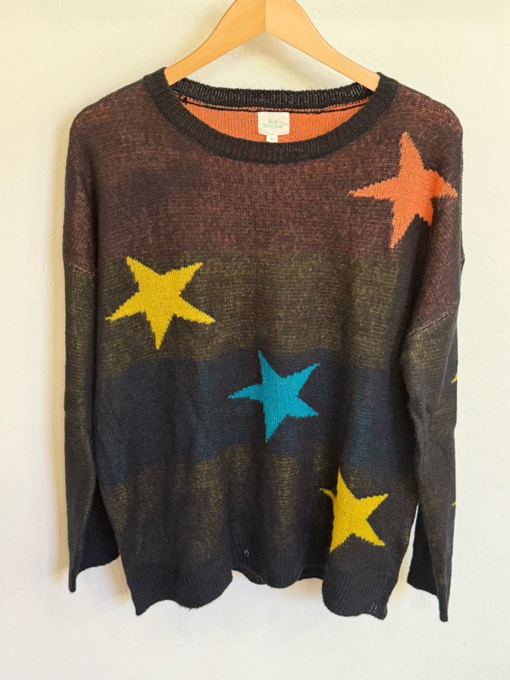 NWT Blue Buttercup Oversized Star Sweater Boho Crochet Knit Gradient Multi Sz M